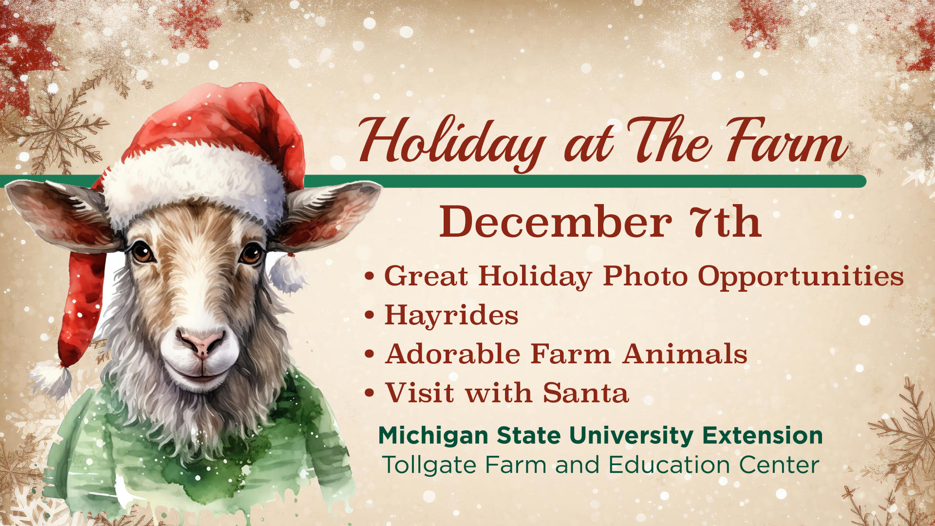 Holiday at the Farm Banner with a goat wearing a christmas hat